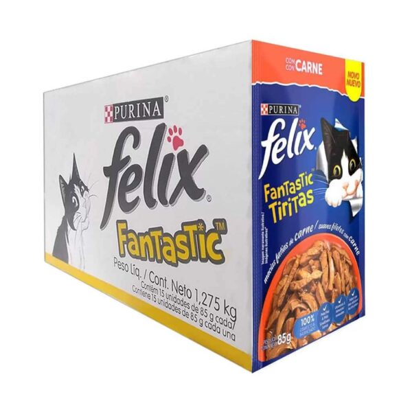 Sachê Felix Fantastic Gatos Adultos Tirinhas de Carne Purina 85g - 15un