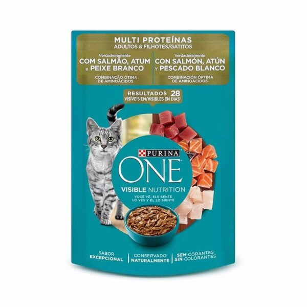 Sachê Purina One Gatos Adultos e Filhotes Salmão Atum e Peixe Branco Multi Proteínas Nestlé Purina 85g - 15un - Image 3