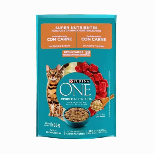 Sachê Purina One Gatos Adultos e Castrados Carne Super Nutrientes Nestlé Purina 85g - 15un - Image 3