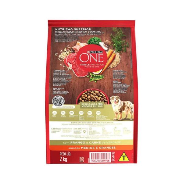 Ração Purina One Frango e Carne para Cães Adultos Raças Médias e Grandes Nestlé Purina 2kg - Image 2