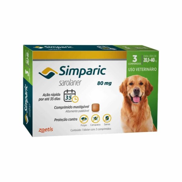 Antipulgas Simparic 80mg Zoetis para Cães de 20,1 a 40kg 3 comprimidos