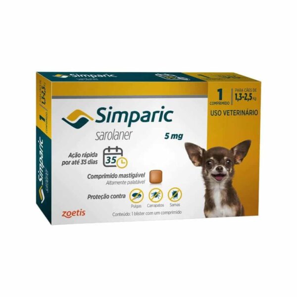 Antipulgas Simparic 5mg Zoetis para Cães de 1,3 a 2,5kg 1 comprimido