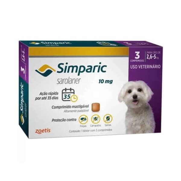 Antipulgas Simparic 10mg Zoetis para Cães de 2,6 a 5kg 3 comprimidos