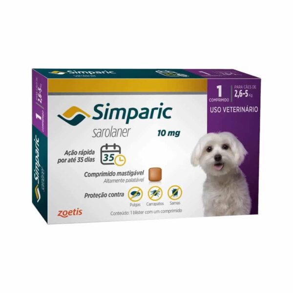 Antipulgas Simparic 10mg Zoetis para Cães de 2,6 a 5kg 1 comprimido