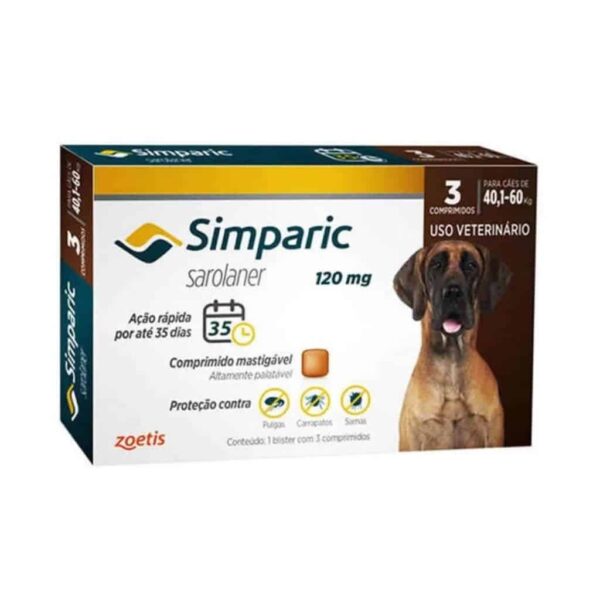 Antipulgas Simparic 120mg Zoetis para Cães de 40,1 a 60kg 3 comprimidos