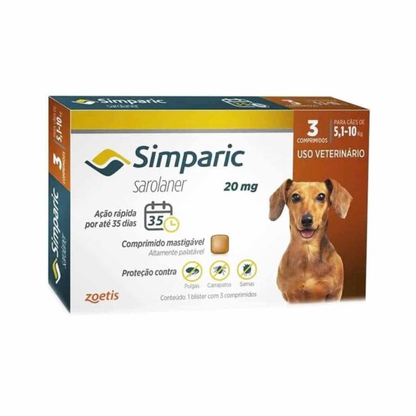 Antipulgas Simparic 20mg Zoetis para Cães de 5,1 a 10kg 3 comprimidos