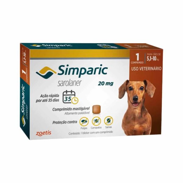 Antipulgas Simparic 20mg Zoetis para Cães de 5,1 a 10kg 1 comprimido