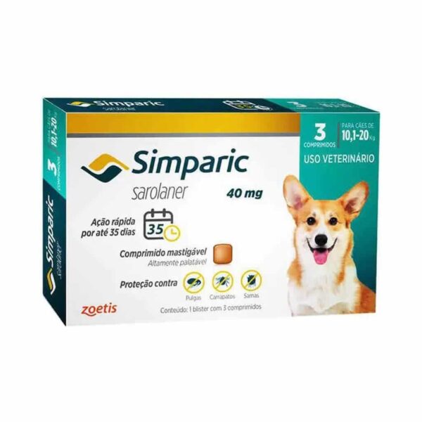 Antipulgas Simparic 40mg Zoetis para Cães de 10,1 a 20kg 3 comprimidos