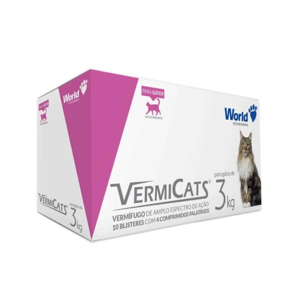 Vermífugo VermiCats Plus World 600mg para Gatos de 3kg Display 10un de 4 comprimidos World Veterinária