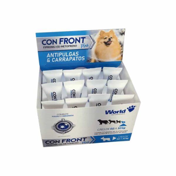 Antipulgas e Carrapatos ConFront Plus para Cães de 2kg a 10kg Display com 12 Pipetas 0,67ml World Veterinária