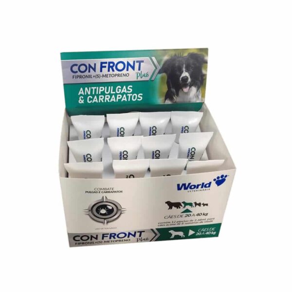 Antipulgas e Carrapatos ConFront Plus para Cães de 20kg a 40kg Display com 12 Pipetas 2,68ml World Veterinária